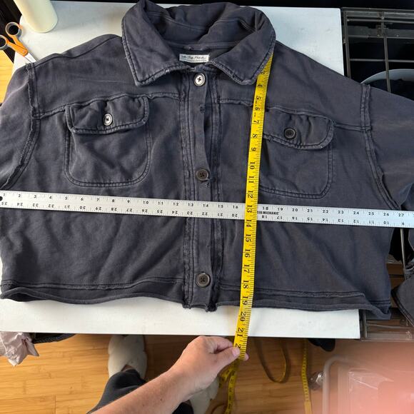 Free People Cropped Shacket L Gray Cotton Oversized Grunge Distressed Leisure - Picture 8 of 11